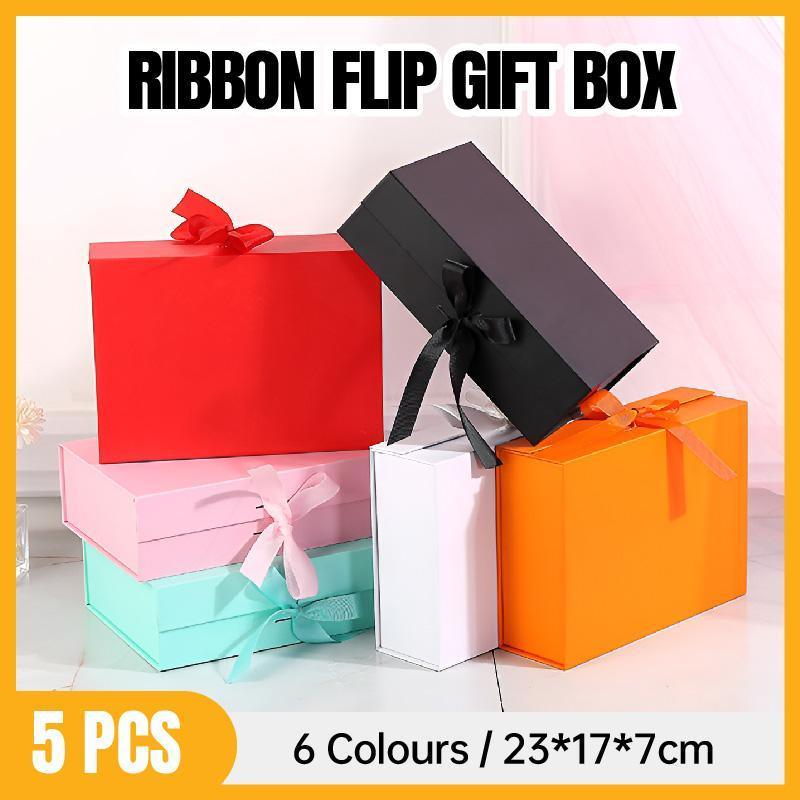 V528-GIFT-BOX-5PCS-23-17-7-ORANGE-263751-202509301736-00 5X Medium Premium Gift Boxes with Ribbon Multi-Color Hamper Packaging Set - Orange - Image 1