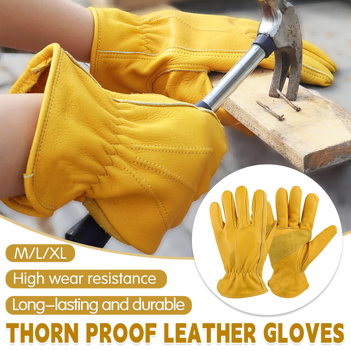 V528-GLOVES-1PAIR-M-632005-202509301300-00 Golden Yellow Cowhide Work Gloves Full Finger Gardening DIY Home Maintenance Use - M - Image 1