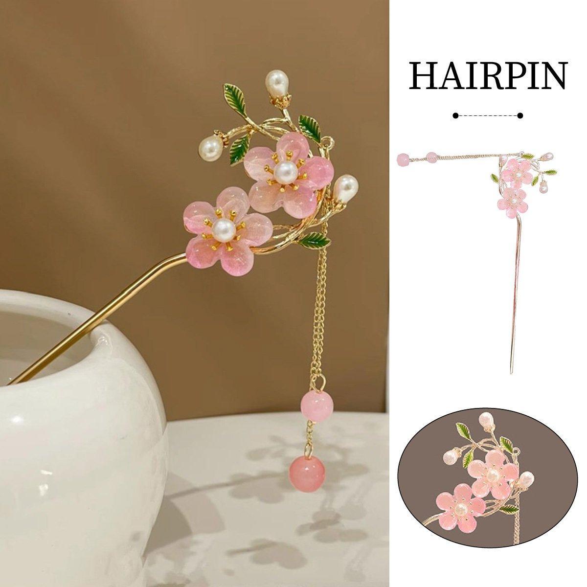V528-HAIR-CLASP-FSH-753245-202509251431-00 Chinese Style Pink Double Flower Fringe Hairpin Hanfu Headdress for Women - Image 1