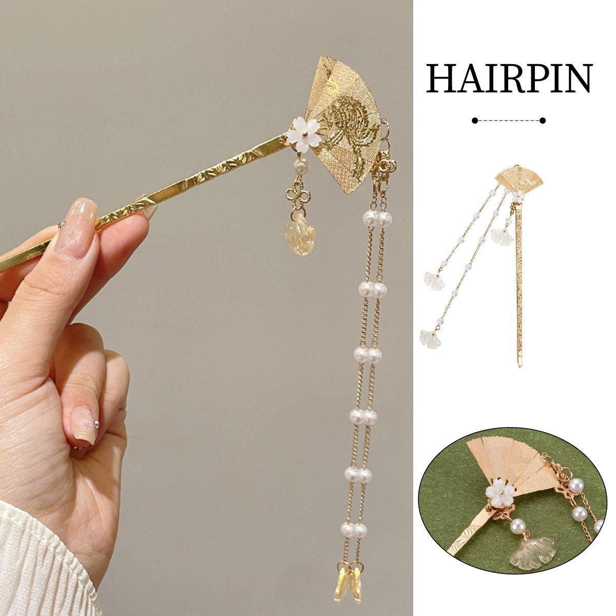 V528-HAIR-CLASP-ZSS-409384-202509251525-00 Chinese Style Hanfu Hairpin Folding Fan Fringe Headdress Accessories - Image 1