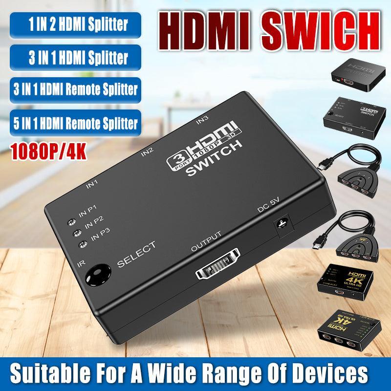 HDMI Switch Splitter 3-in-1 5-in-1 or 1-in-2 1080p 4K Manual or Remote Options - 3 in 1 Switch 4K Manual