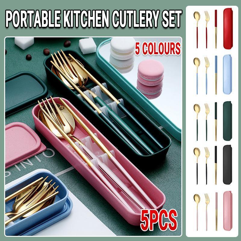 V528-JY68-RED-324817-202510010636-00 5PC Stainless Steel Portable Cutlery Set - Fork Spoon for Travel & Picnic - Red - Image 1