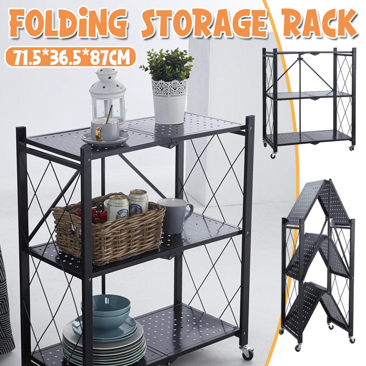 V528-KITCHEN-STORAGE-BLACK-3-260124-202509251115-00 3-Tier Black Foldable Kitchen Storage Rack No-Drill Microwave Oven Shelf Stand - Image 1