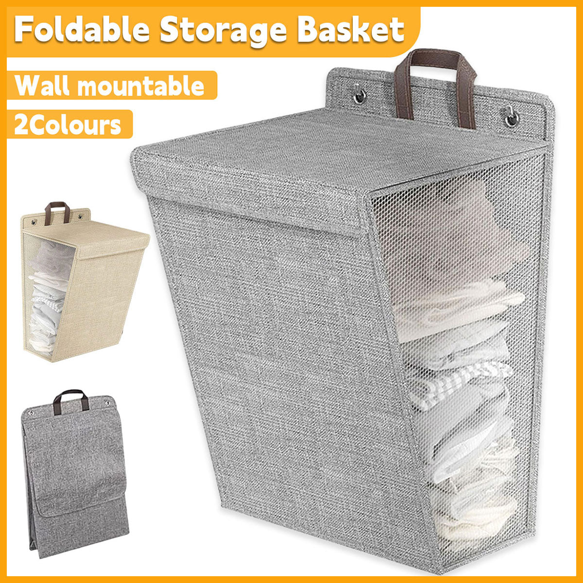 V528-LAUNDRY-BASKET-BEIGE-L-277319-202510011118-00 Foldable Laundry Basket Wall Mounted Clothes Storage Basket Household Organizer - Beige - Image 1
