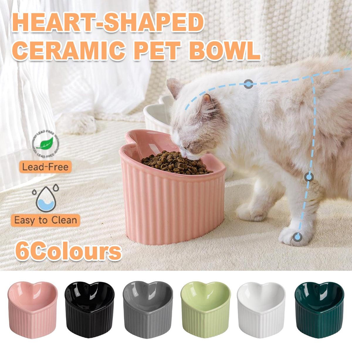 V528-LOVE-CAT-BOWL-BLACK-401639-202509301718-00 Love Shape Slanted Cat Bowl Ceramic Pet Bowl for Cats Food Water Feeding Dish - Black - Image 1