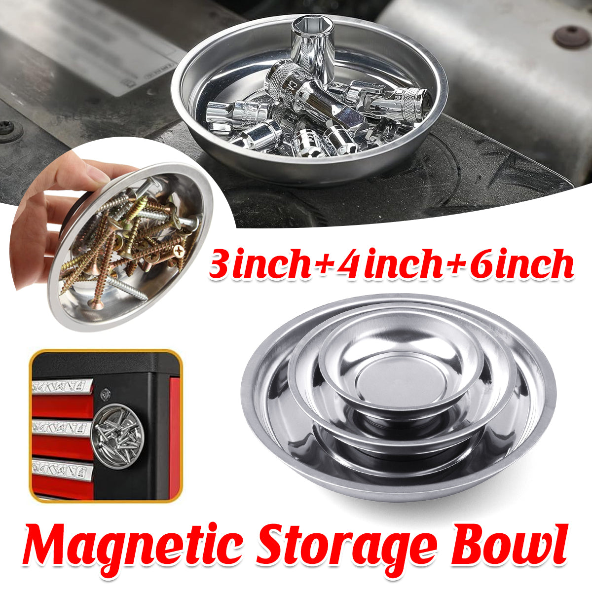 V528-MAGNETIC-TRAY-3IN1-675640-202509291500-00 3 4 6 Inch Magnetic Parts Tray Set Stainless Steel Tool Bowl Organizer Holder - Image 1
