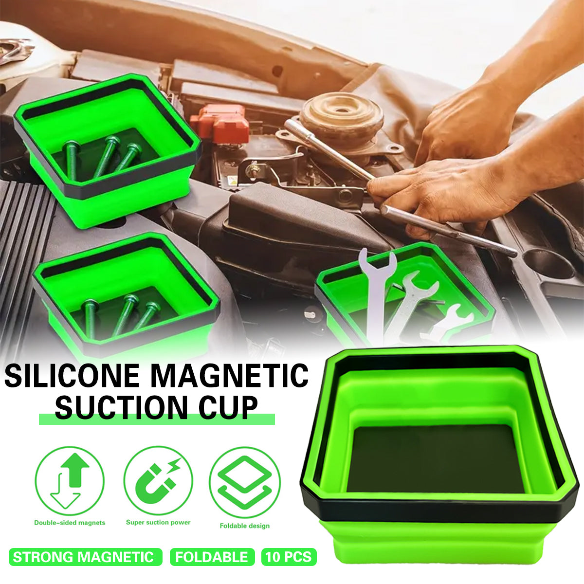 V528-MAGNETIC-TRAY-GREEN-10IN1-595527-202509291509-00 10PCS Silicone Magnetic Tool Tray Folding Storage Disk Screw Bolt Organizer - Image 1