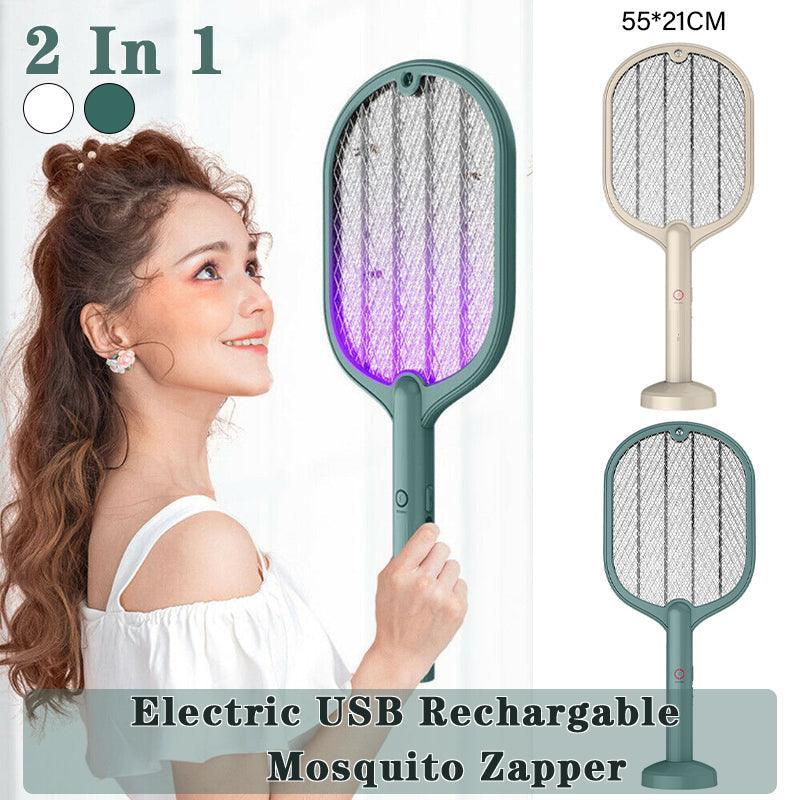 V528-MOSQUITOTRAP-WHITE-596114-202509301254-00 2 In 1 Electric USB Rechargable Racket Fly Swatter Mosquito Insect Killer Zapper - White - Image 1