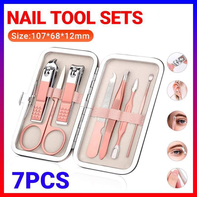 V528-NAILTOOLSETS-ROSEGOLD-7PCS809493-202509251630-00 7PCS Manicure Pedicure Set Stainless Nail Clippers Kit Cuticle Grooming Case - Image 1