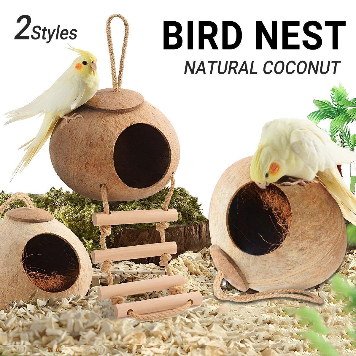 V528-NEST-S-GS-885079-202509302245-00 Natural Coconut Bird Nest Cage Pet Parrot Parakeet Safe Hut Feeder Shell Home - Rope type - Image 1