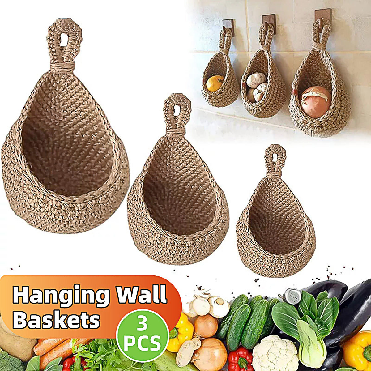 V528-NET-BAG-3PCS-429989-202509251035-00 3pcs Boho Hanging Wall Baskets Woven Vegetable Fruit Storage Pouch Kitchen Decor - Image 1