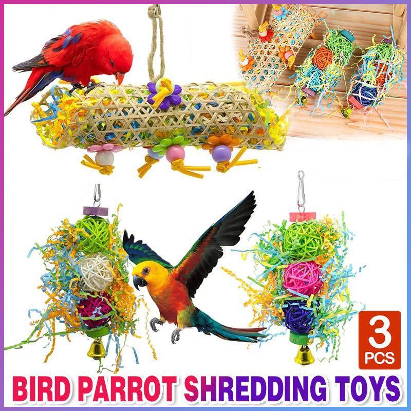V528-PARROTTOYS-3PCS-991988-202509251121-00 3PCS Bird Parrot Shredding Toys Chewing Foraging Hanging Cage Shredder Bell Toys - Image 1