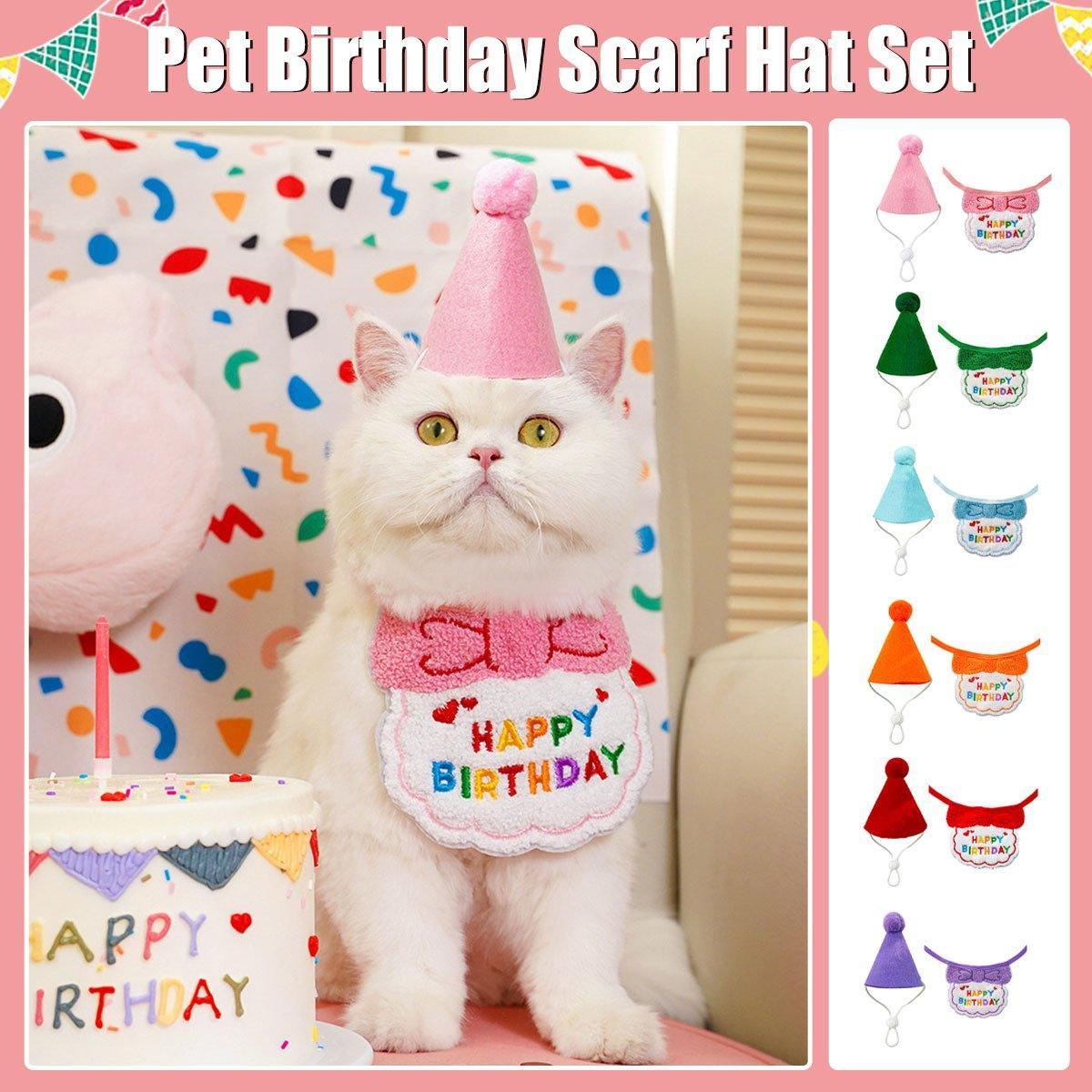 V528-PET-BIRTHDAY-SET-PINK-468242-202510011227-00 Pet Birthday Dog Cat Bib Scarf Hat Accessory Dogs Cats Celebration - Pink - Image 1