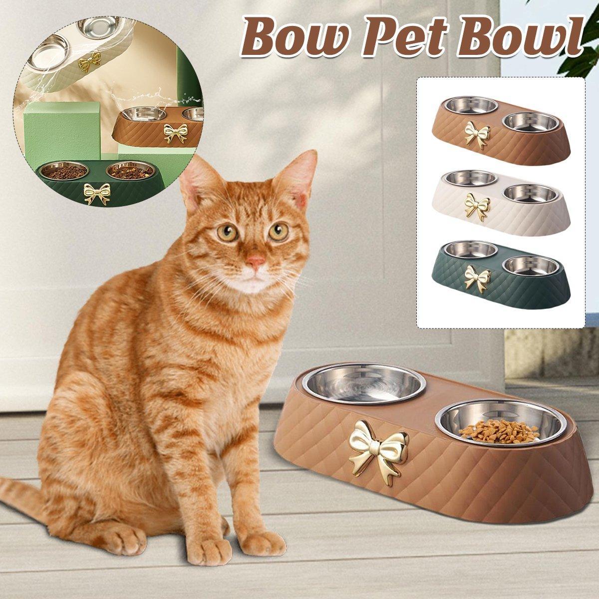 V528-PET-BOWL-BOW-WHITE-919137-202509301418-00 Stainless Steel Double Pet Bowl Non-Slip Anti-Knock Dog Cat Feeder Utensils - White - Image 1