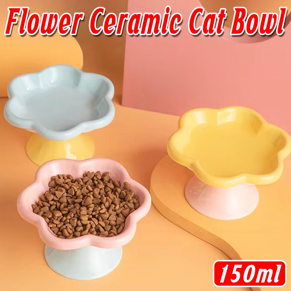 V528-PET-BOWL-YELLOW-751613-202510010518-00 Flower Ceramic Cat Bowl Pet Food Bowl Snack Tray for Cats and Small Pets Feeding - Yellow - Image 1