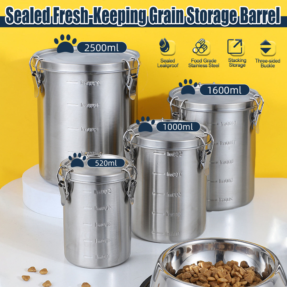 V528-PET-FOOD-PAIL-1600ML-492262-202509301927-00 Stainless Steel Pet Food Storage Bucket Dog Cat Grain Container Bin Kitchen - 1600ml - Image 1