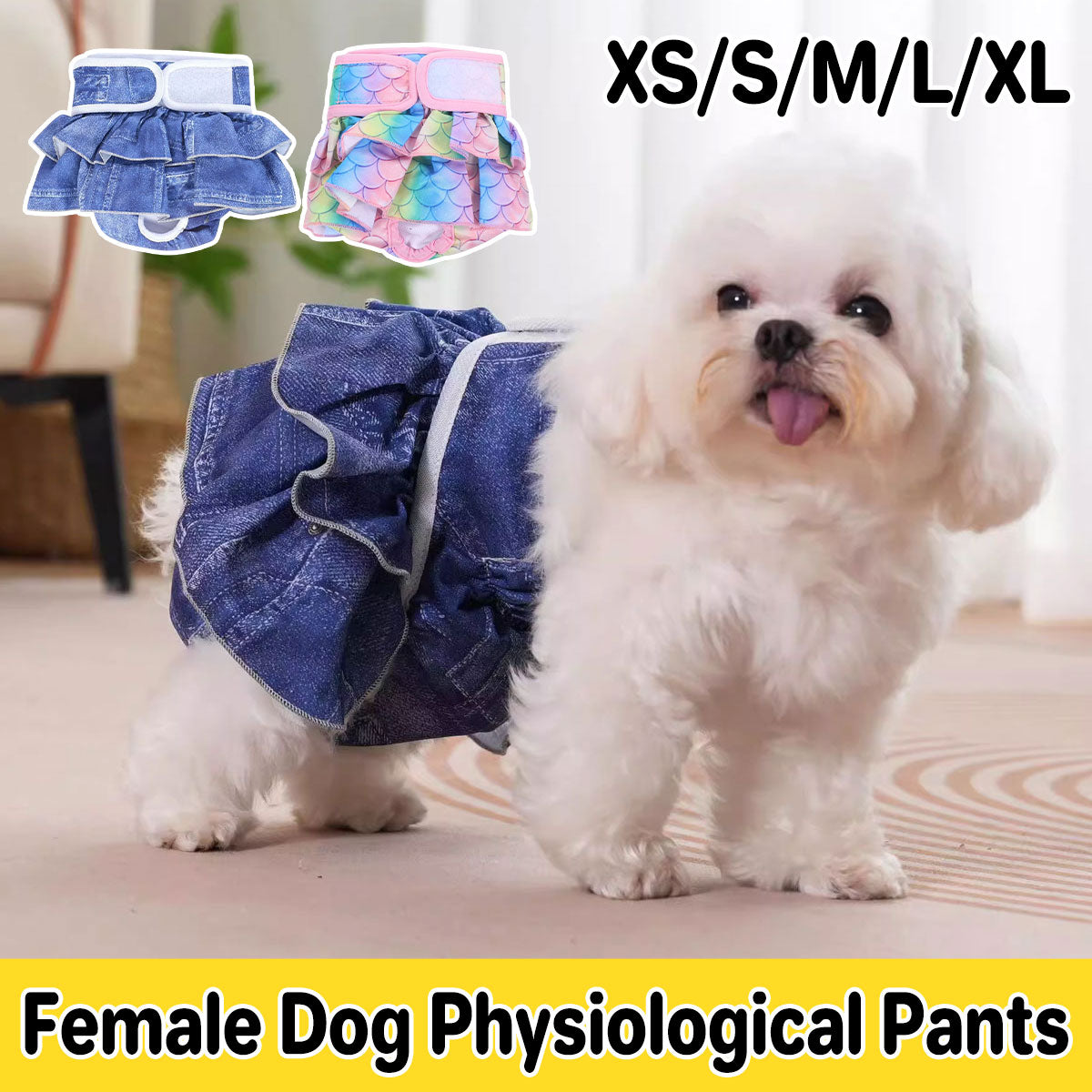 V528-PET-PANTS-NZYH-XS-377028-202510011109-00 Pet Dog Diapers Female Pants Soft Breathable Underwear Reusable Sanitary Briefs - Denim Print - XS - Image 1