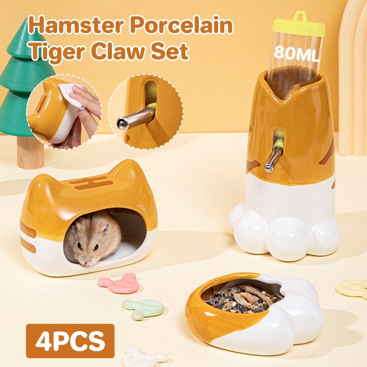 V528-PET-SET-4PCS-574801-202509251325-00 Hamster Porcelain Nest Escape House Tiger Head Bowl Claw Water Bottle Set - Image 1