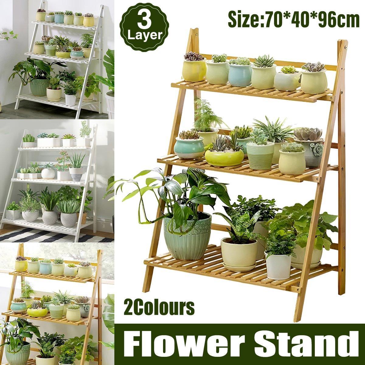 V528-PLANT-STAND-3-WHITE-136985-202509301136-00 Balcony Plant Stand 3-Layer Wooden Flower Pot Corner Stand White Log Foldable - White - Image 1
