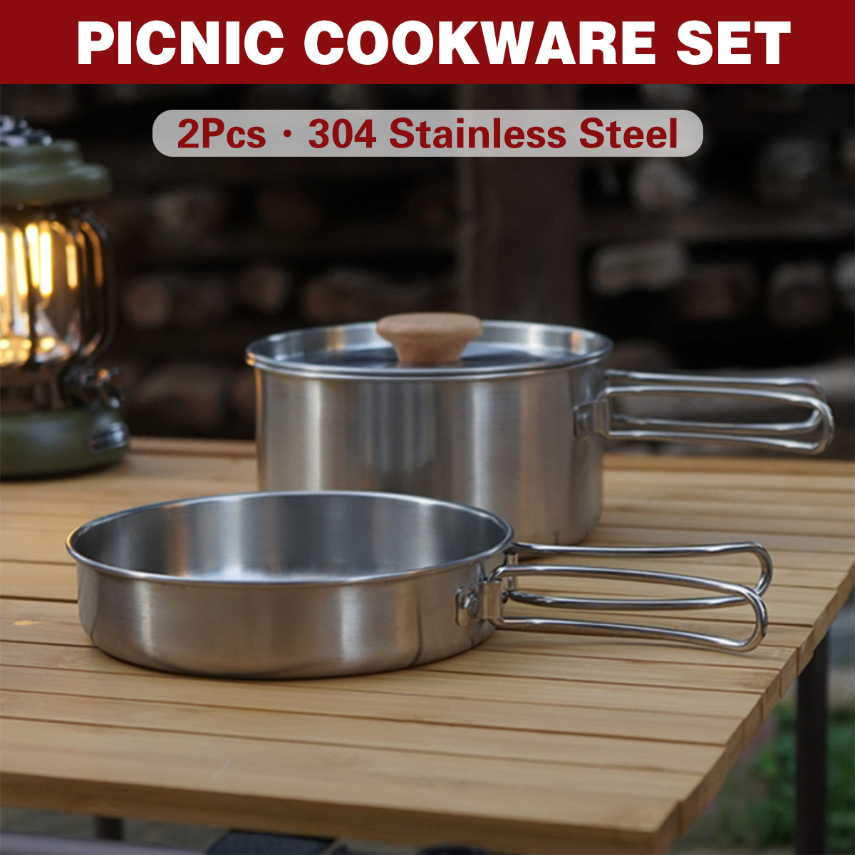 V528-POTS-2PCS-718523-202509251540-00 2PCS 304 Stainless Steel Camping Pot and Pan Set With Folding Handles Outdoor - Image 1