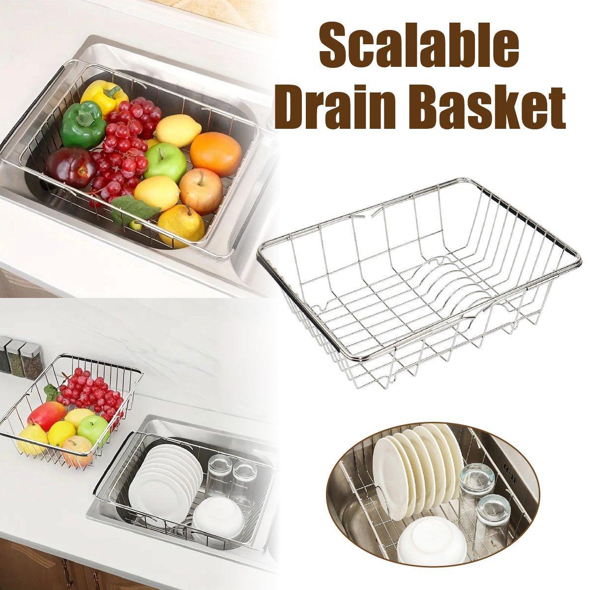 V528-PULL-BASKET-743025-202509251430-00 Stainless Steel Sink Draining Basket Telescopic Dish Rack Kitchen Storage Holder - Image 1