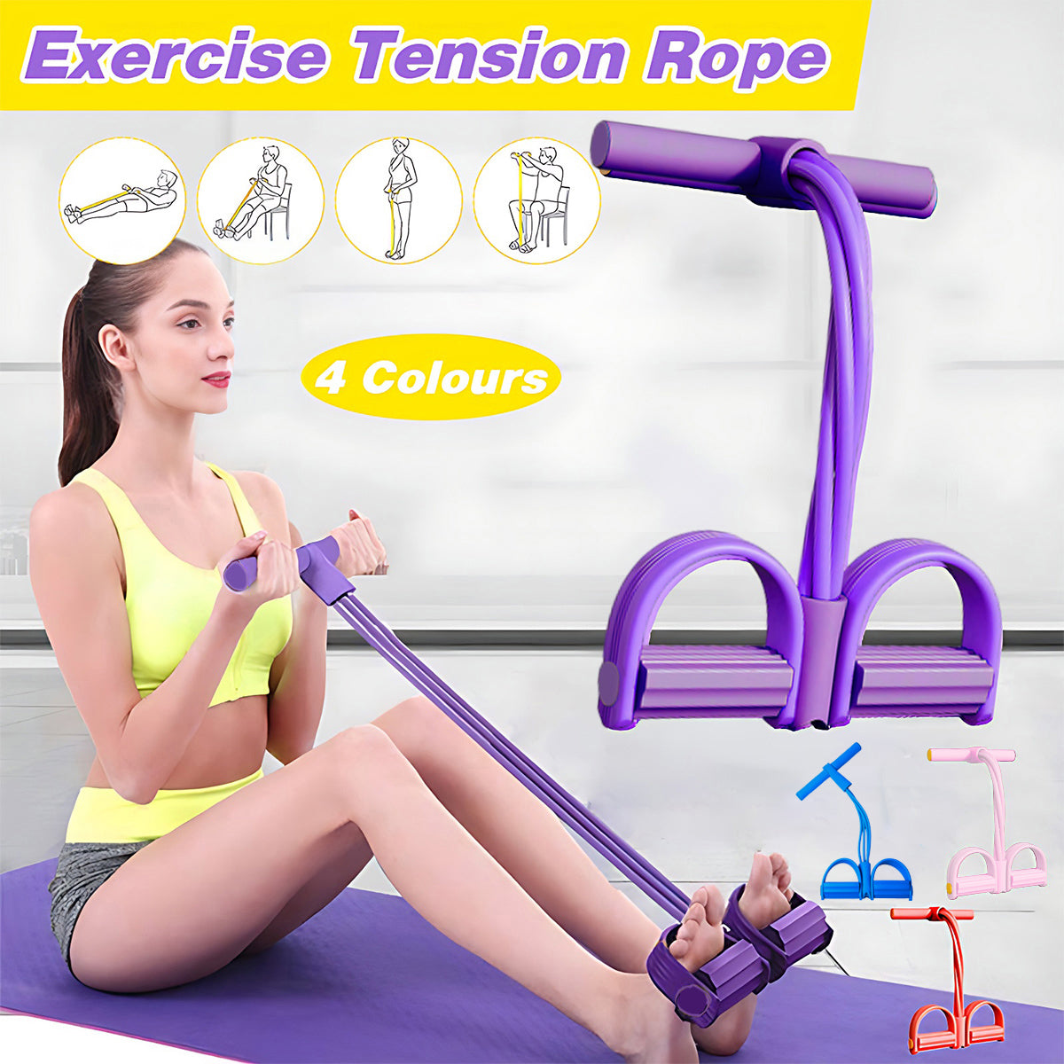 V528-PULLROPE-RED-71473-202509302346-00 Multi-Function Exercise Tension Rope Foot Pedal Resistance Fitness Pull Bands - Red - Image 1