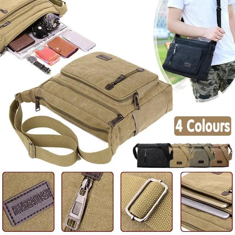 V528-SHOULDERBAG-KHAKI-767726-202509301936-00 Retro Canvas Messenger Shoulder Bag for Men Travel Crossbody Satchel with Zippers - Khaki - Image 1