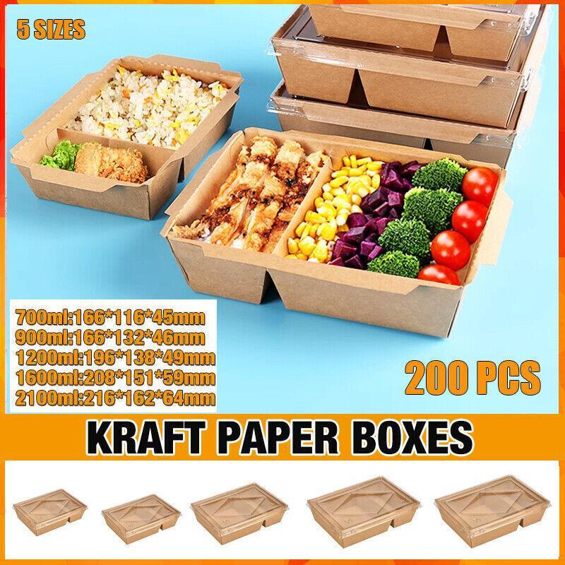 V528-SQ218-ZHCH-1200ML-200PCS-584906-202509301518-00 200 x Brown Bento Salad Pasta Rice Kraft Paper Lunch Box Takeaway Food Container - 1200ml+PET lid - Image 1
