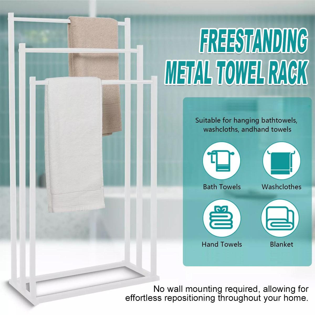 V528-TOWEL-RACK-WHITE-526635-202509251640-00 3 Tier Metal Towel Rack Freestanding 3 Bars Drying Shelf Holder Stand Organizer - Image 1