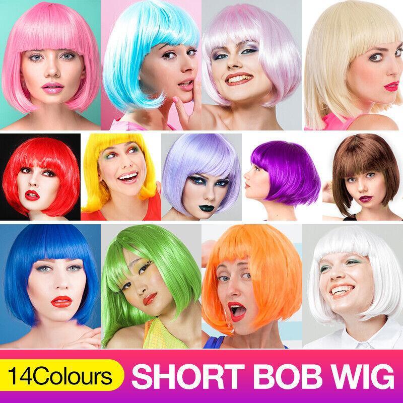 V528-WIGS-HOTPINK-133228-202509301609-00 Short Bob Wig with Bangs for Women Synthetic Cosplay Party Hair in 14 Colours - Dark Pink - Image 1