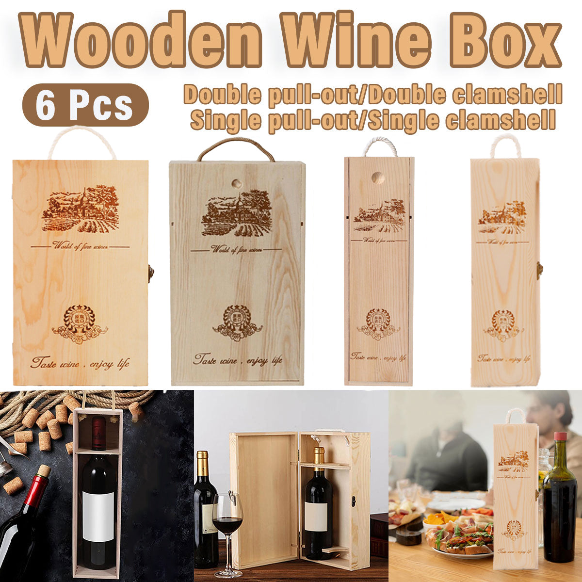 V528-WINEBOX-6PCS-SINGLE-183726-202509301954-00 6pcs Red Wine Wooden Gift Box Packaging Storage Box for Wine Bottle Gifts - Single clamshell - Image 1