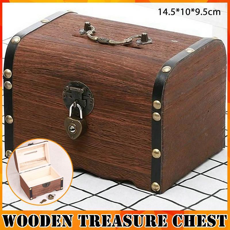 V528-ZK00405-747649-202509291618-00 Wooden Treasure Chest Retro Money Storage Box Case Coin Piggy Bank Organizer - Image 1
