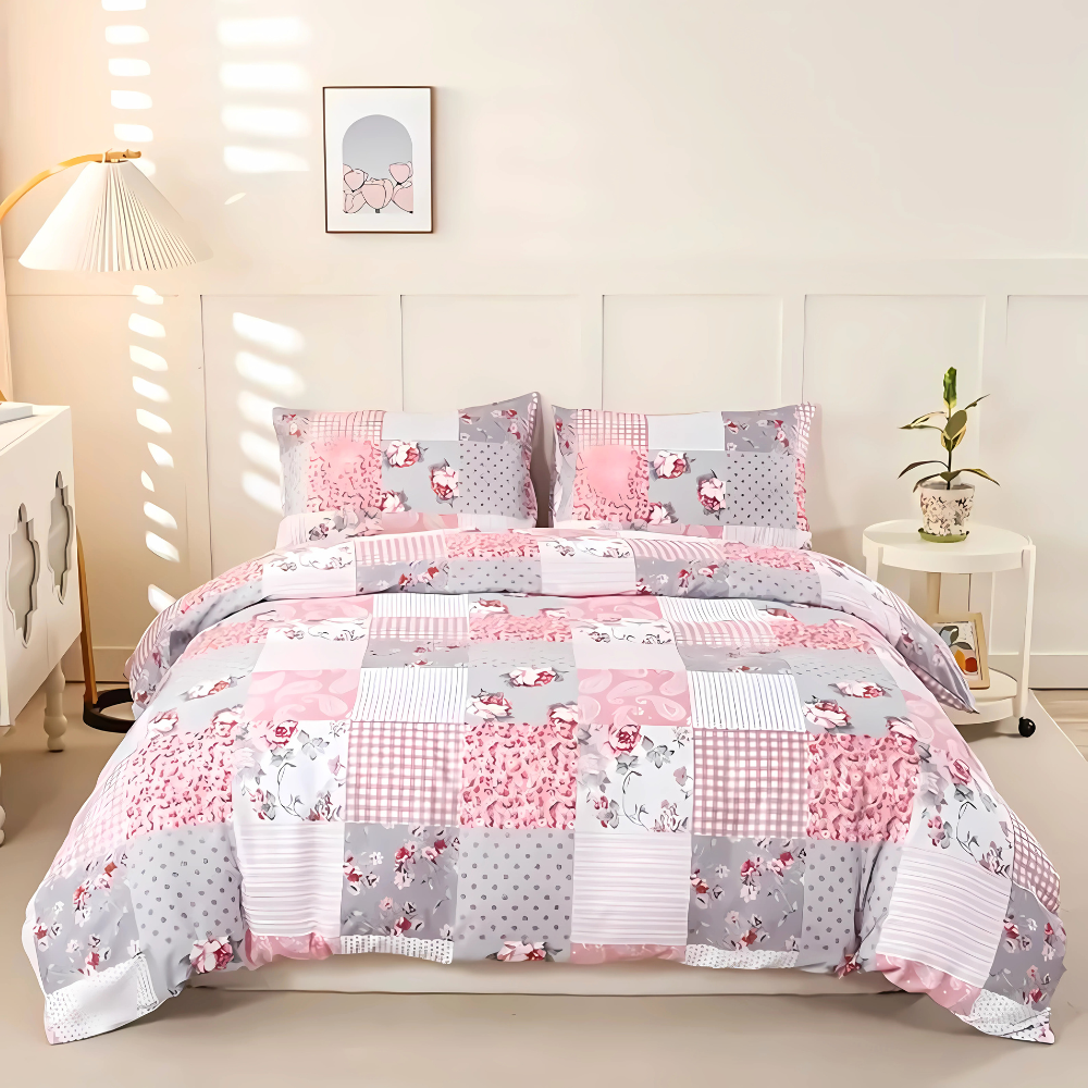 V535-QC-SOFT-PINK-PLAID-KS-202508221310-00 Dreamfields - Soft Pink Plaid Quilt Cover Set - (2pcs, King Single Size) - Image 1