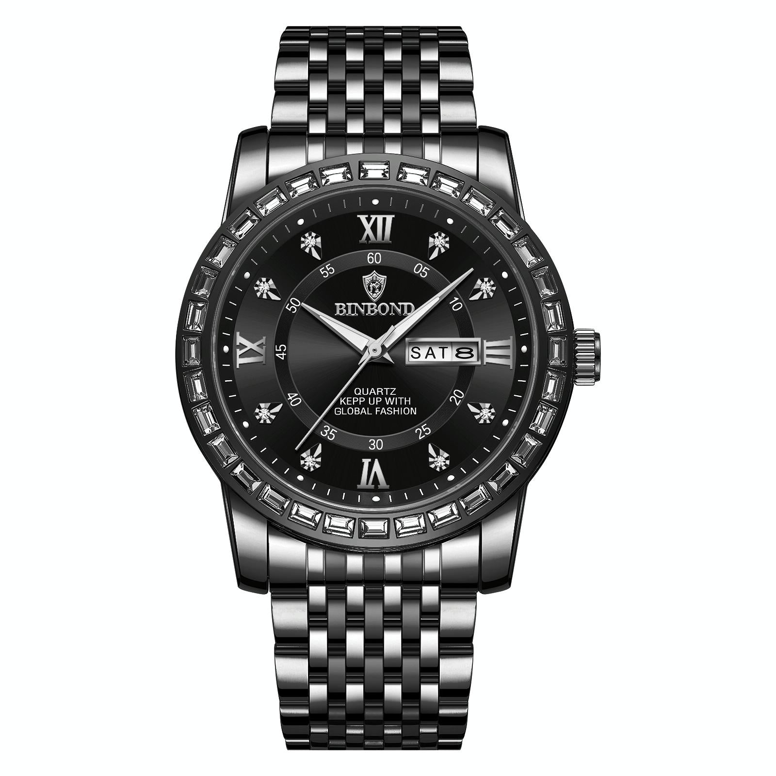 V562-0196384060DBT-202508290821-00 Diamond Dual-calendar Luminous Quartz Watch - B2202 - Black Steel-Black-White Nail - Image 1