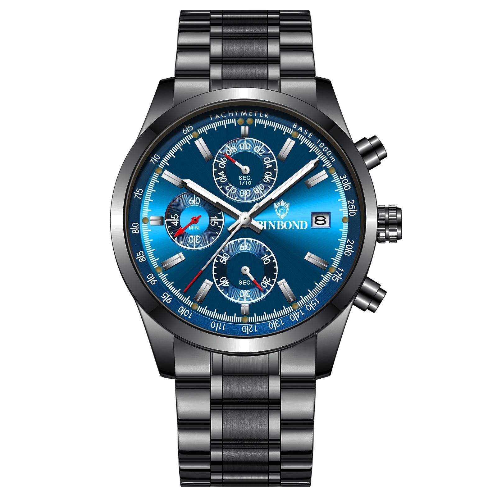 V562-1185354060DBT-202508290840-00 Waterproof Luminous Quartz Watch - Multifunctional 30m - Black Steel-Blue - Image 1