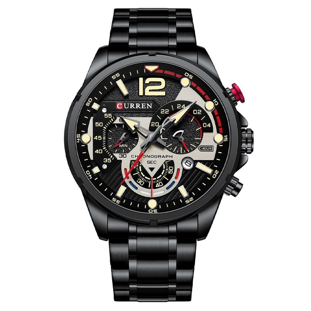 V562-3052934060DBT-202508280925-00 Men Quartz Watch with Six-hand Steel Strap and Calendar - Black Shell Black - Image 1