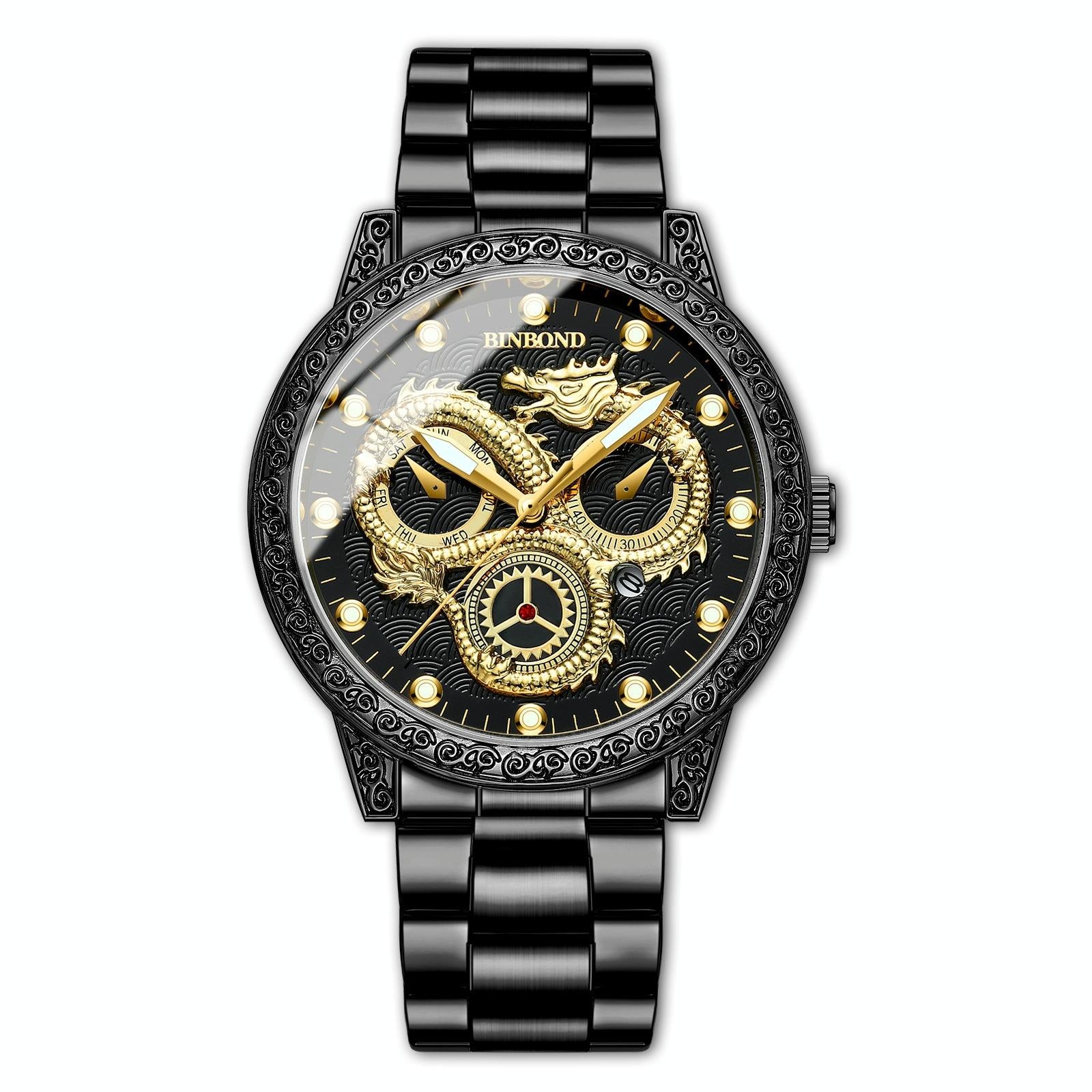 V562-4041454060DBT-202508290910-00 Dragon Embossed Luminous Waterproof Watch - Quartz - Black Steel-Black - Image 1