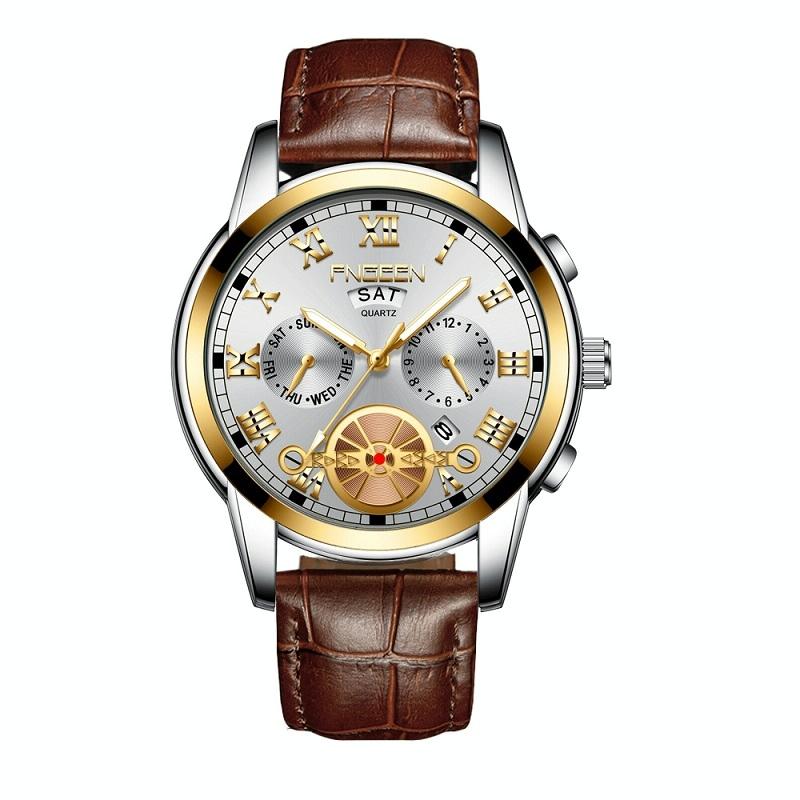 V562-6077801650DBT-202508271046-00 Men Multi-function Quartz Watch with Brown Leather Strap and Gold White Dial - Image 1