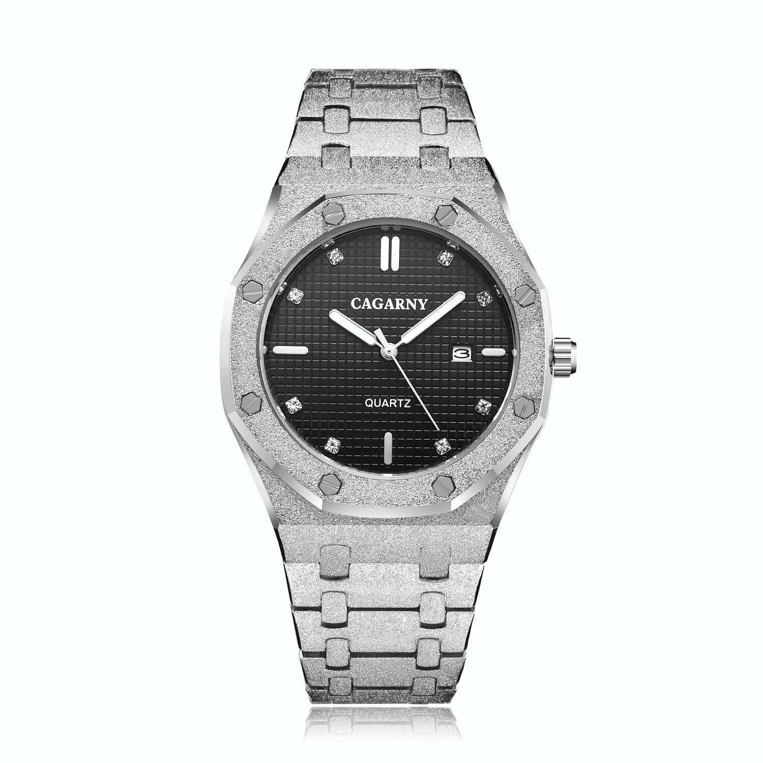 V562-A101099200ADE-202508280753-00 Men Quartz Steel Watch with Simple Stone Surface - Silver Shell Black Surface - Image 1