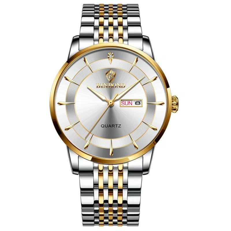 V562-A1037843060DBT-202508281355-00 Waterproof Quartz Men Watch with Luminous Butterfly Buckle and Steel Belt - 30m - Inter-Gold-White - Image 1