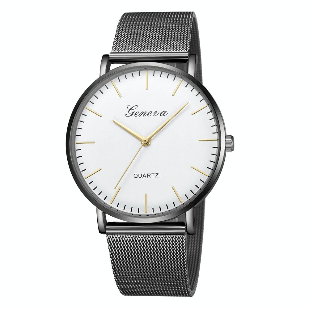 V562-A106358250DBT-202508290916-00 Stainless Steel Mesh Unisex Quartz Watch - Black Shell White Dial Gold Needle - Image 1