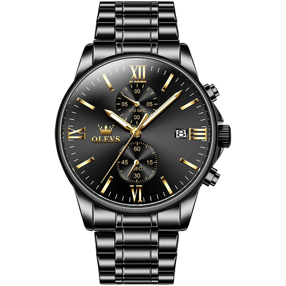 V562-A107042500ADE-202508281530-00 Waterproof Men Chronograph Quartz Watch with Luminous Dial - Black Gold Steel Strip - Image 1