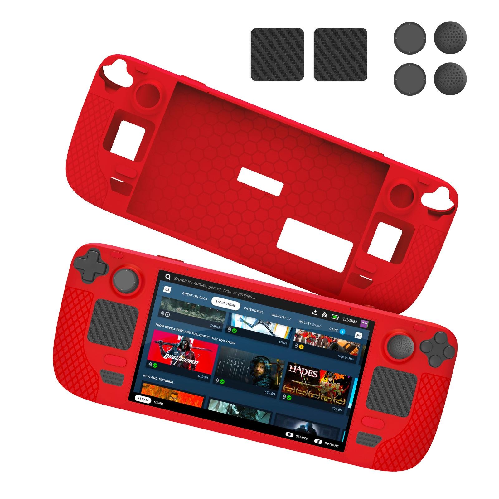 V562-A1082304060DBT-202508282230-00 7-piece Silicone Case & Joystick Cap Set for Steam Deck with Touch Board Sticker - Red - Image 1