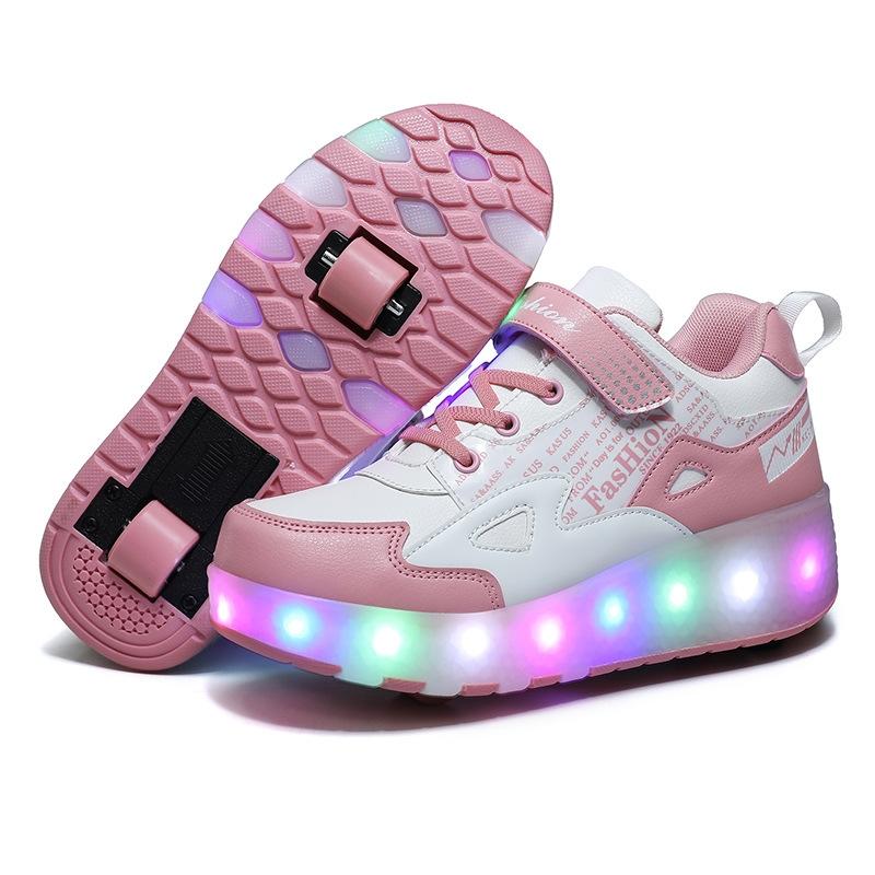 V562-A2009322550DBT-202508281637-00 Rechargeable Light Wheel Skating Shoes for Kids - Size 28 Two-wheeled - Pink - Image 1