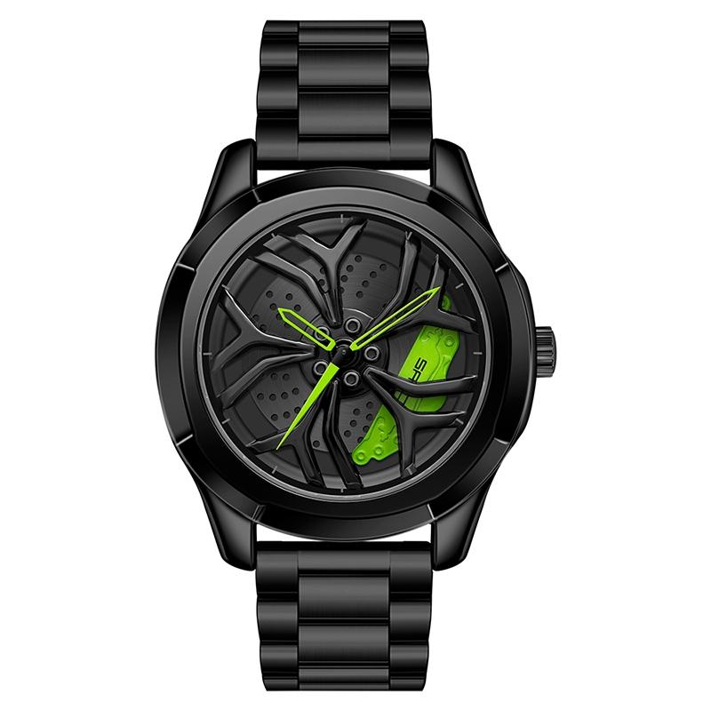 V562-B101432200ADE-202508281940-00 Men Steel Belt Quartz Watch with 3d Hollow out Wheel Design - Black Green - Image 1