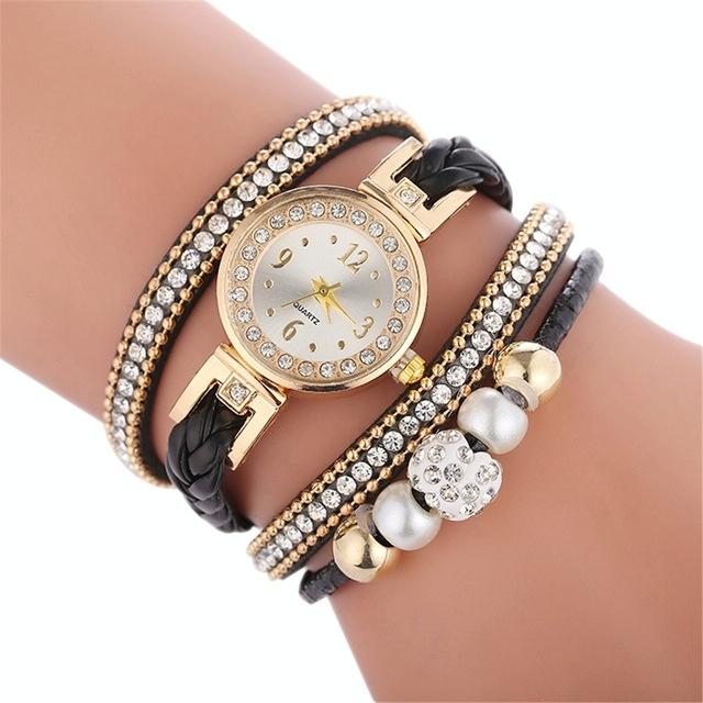 V562-B102241250DBT-202508281911-00 Women Beige Woven Pearl Bracelet Watch - Round Analog Quartz - Red - Image 1