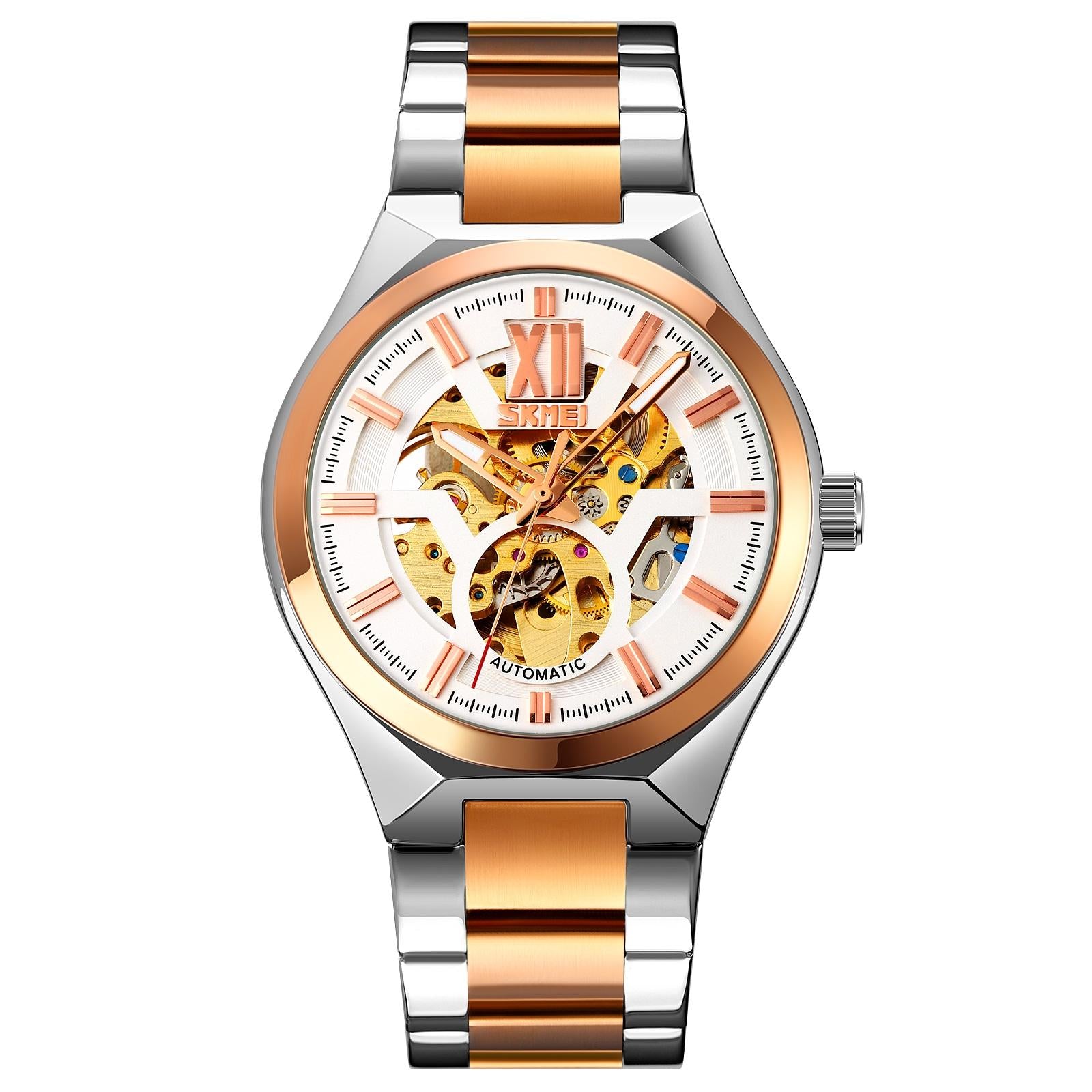 V562-B103839100ADE-202508282220-00 Men Automatic Mechanical Watch with Two-tone Stainless Steel Strap - Middle Rose Gold Shell Silver Surface - Image 1