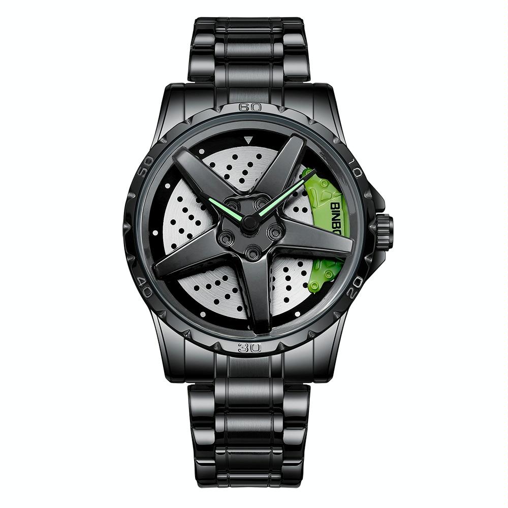 V562-B1038843060DBT-202508281945-00 Waterproof Multifunctional Men Watch with Durable Dial - Black Steel-Green - Image 1