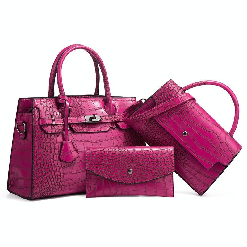 V562-B1039823060DBT-202508281921-00 Large Capacity 3-in-1 Crocodile Print Crossbody Tote - Diagonal Design - Rose Red - Image 1