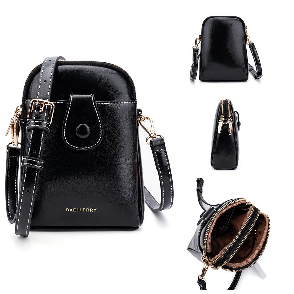 V562-B1053374060DBT-202508291245-00 Oil Wax Leather Double Zip Crossbody Phone Bag - Black - Image 1